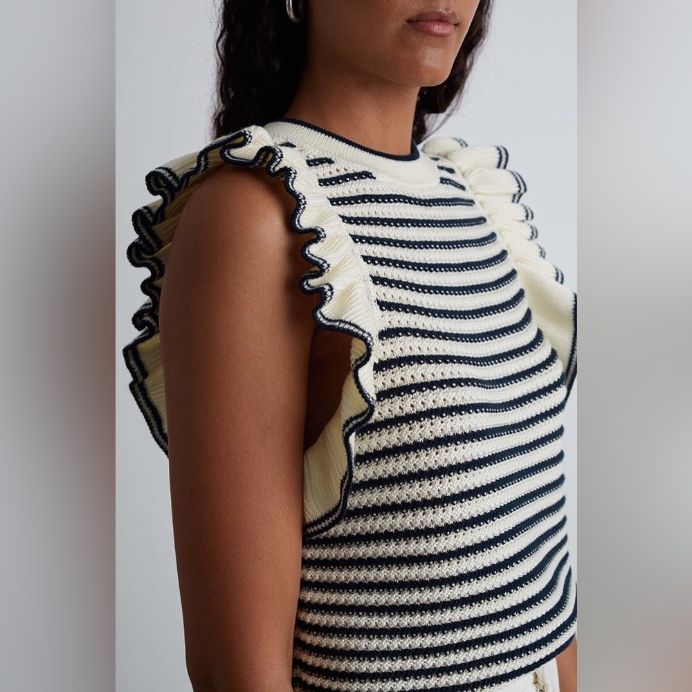 Tuckernuck Cream and Black Striped Ruffle-Sleeve Knit Top